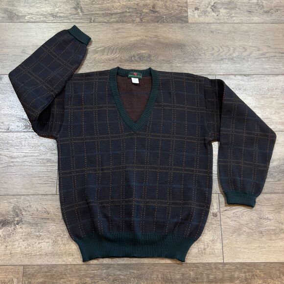 Vintage 1970s Plaid Pure Wool V Neck Sweater - Men's Size Medium - Picture 1 of 7